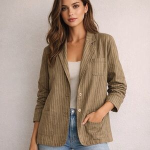 Vintage Women's Brown Striped 2 Button 100% Cotton Blazer SZ S